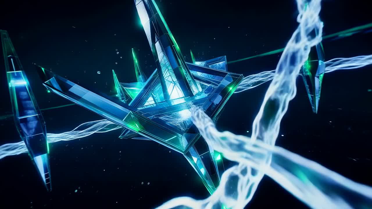 Entering braided energy strand threading through faceted crystal in dark void, energizing spires