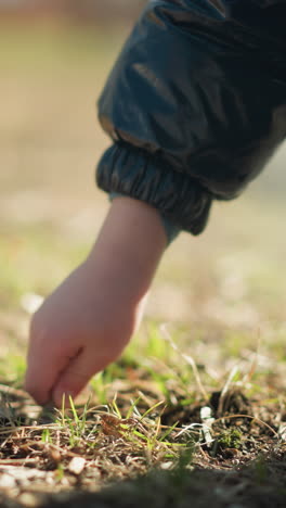 la mano de un niño joven, con una chaqueta de cuero, vaqueros y botas, mientras recoge un palo para cavar en el suelo, el palo se rompe, y después de intentarlo de nuevo, lo arroja en ira