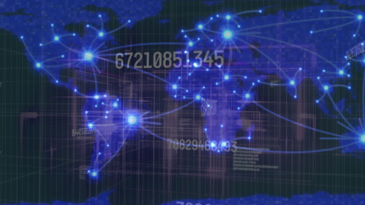 Animation of changing numbers and glowing connecting dots over world map and data processing