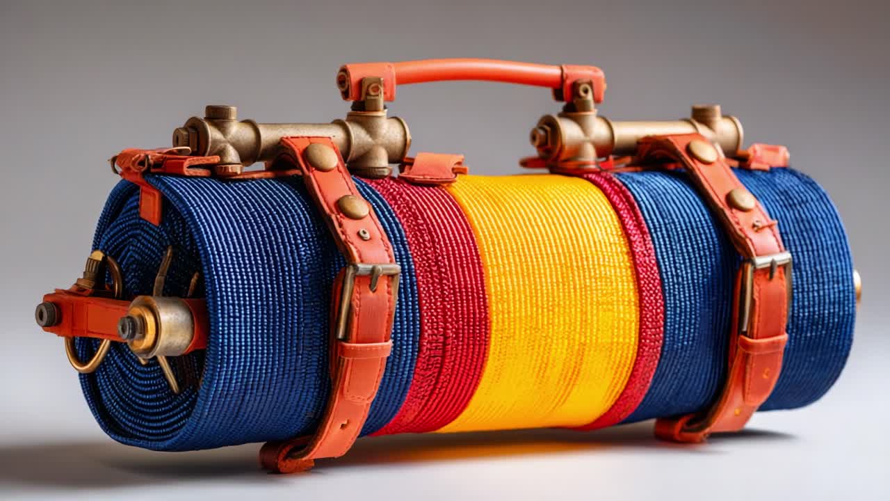 Vibrantly Colored Multi-Functional Equipment: A Detailed View of a Unique, Well-Designed Carrying Device With Interwoven Straps and Metallic Fasteners