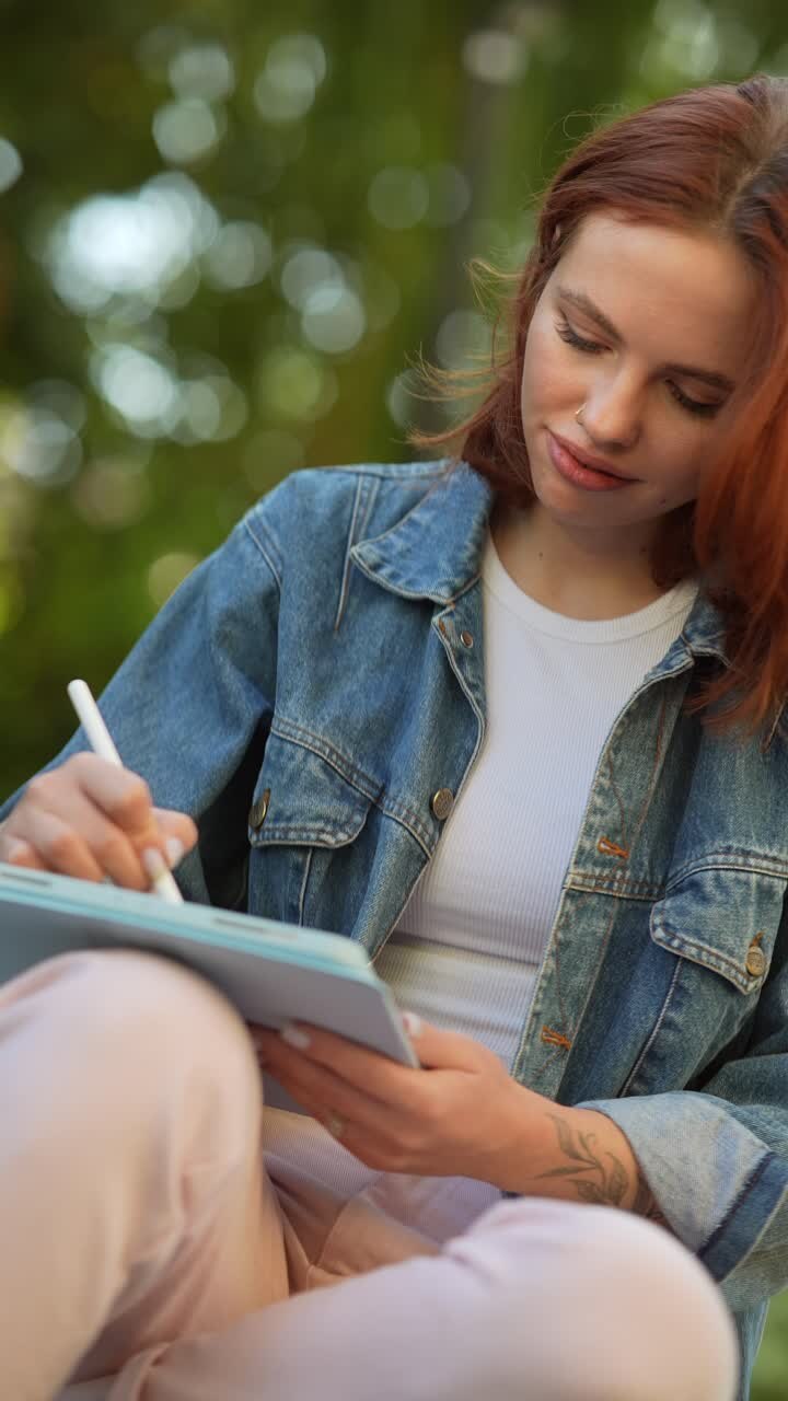Donna che disegna su un tablet al parco