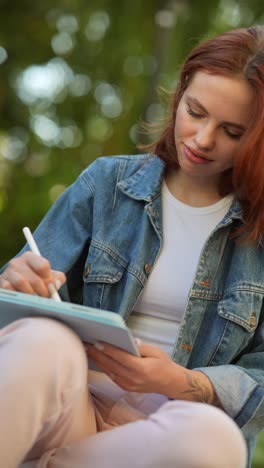 woman drawing on a tablet in a park