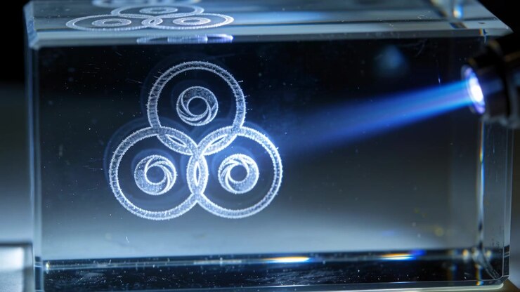 Entering handheld blue LED beam hitting optical block on dark bench, lighting etched triple circles