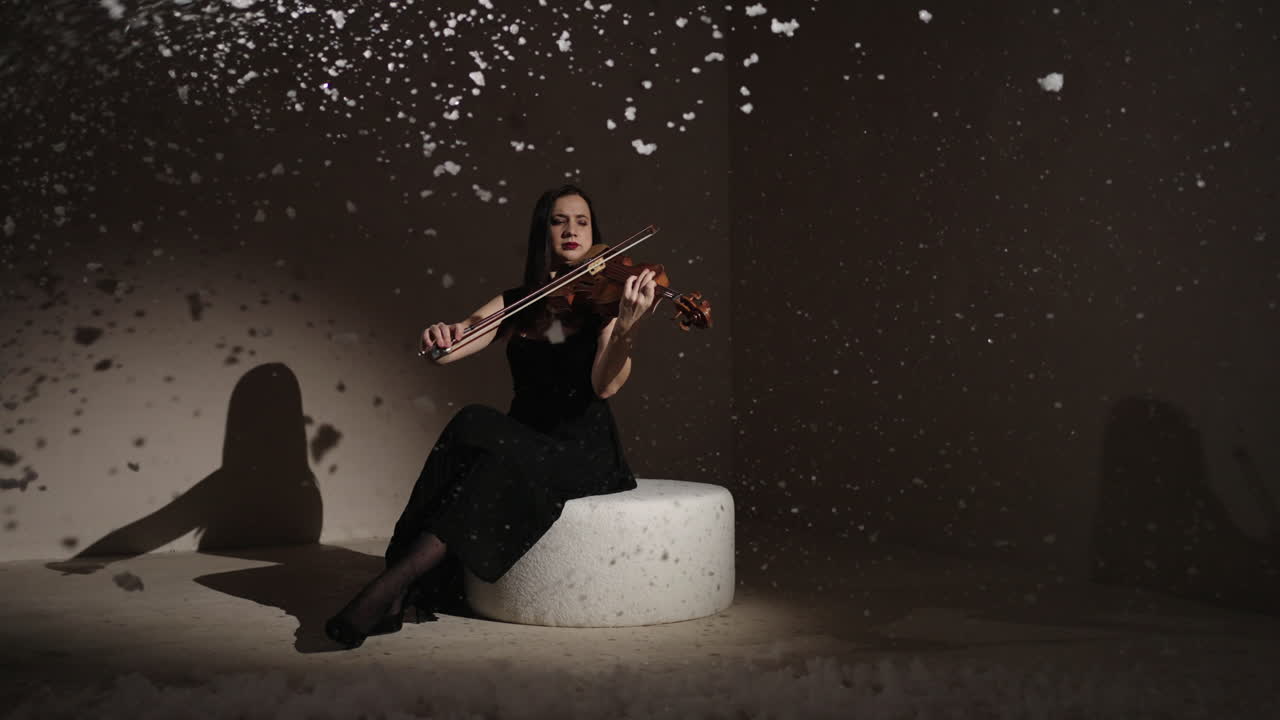 여자 가 겨울 에 바이올린 을 연주 하고 있다