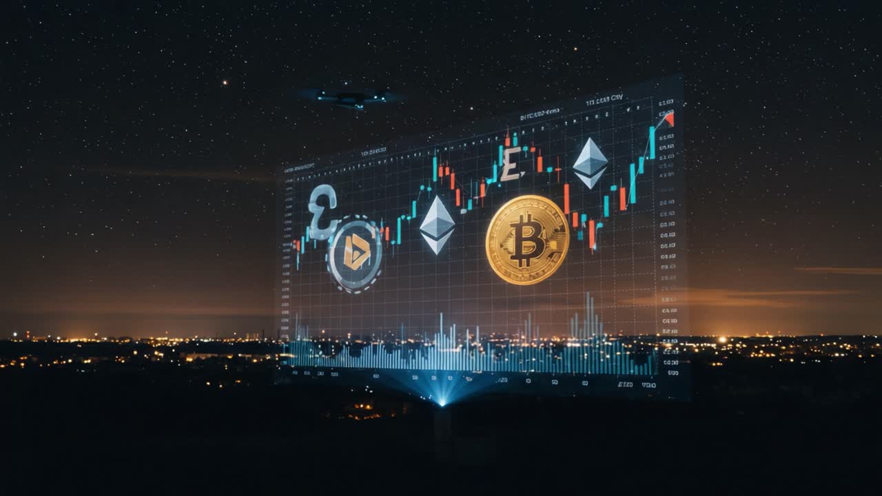 A captivating visualization of cryptocurrency trends illuminates the night sky, featuring prominent digital coins and a vibrant market chart, highlighting the future of finance