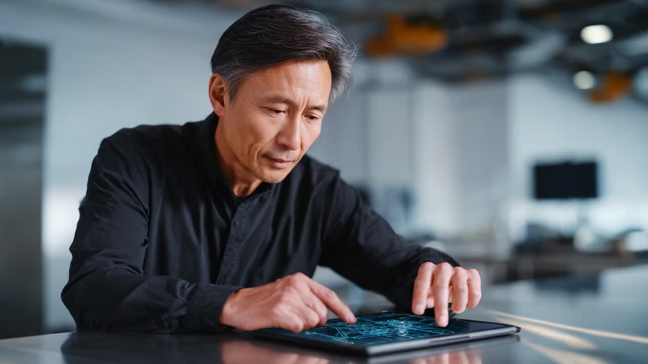 Focused professional analyzing data on a tablet in a modern workspace, showcasing technological expertise and concentration in a contemporary environment devoted to innovative solutions