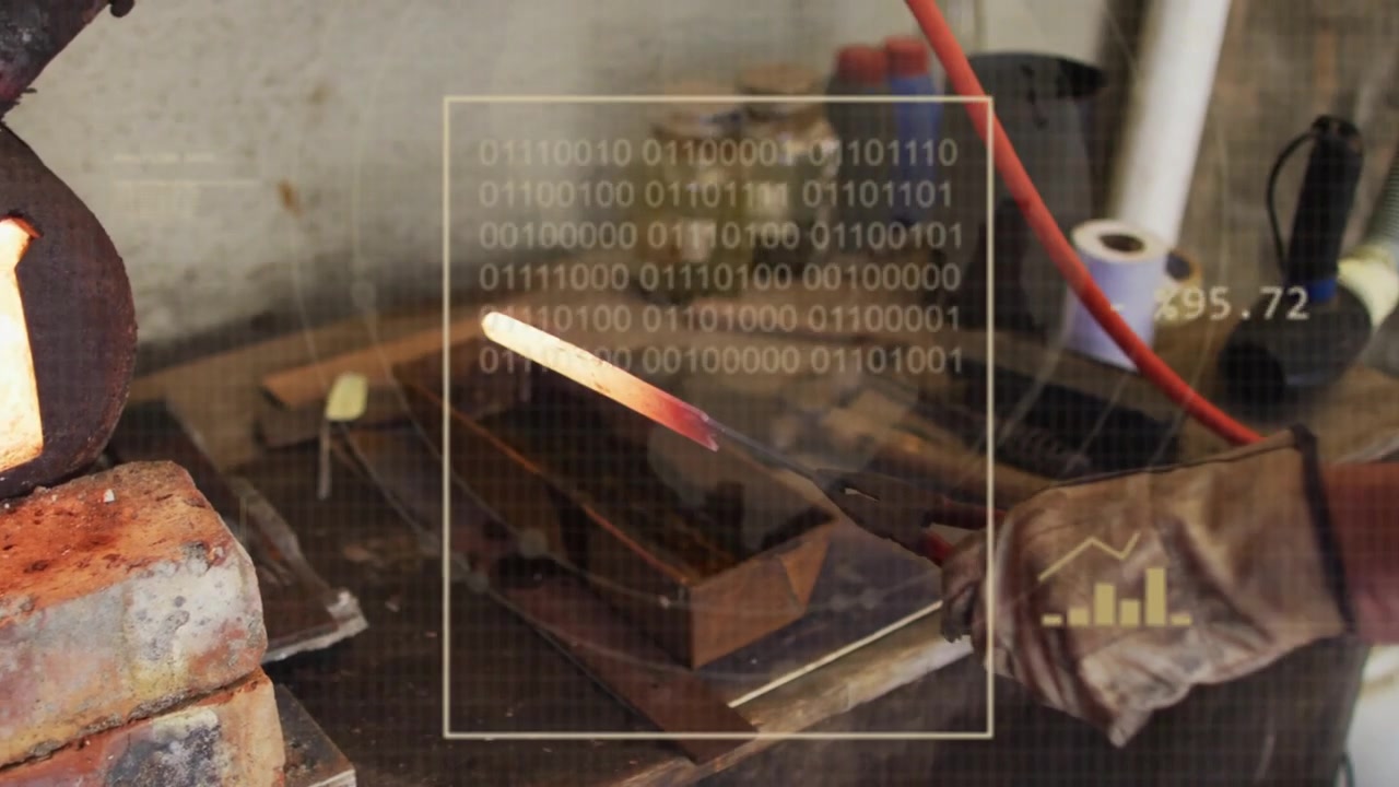 Gloved smith inserting rod into forge, pulling hot bar while HUD charts tracking forging temps