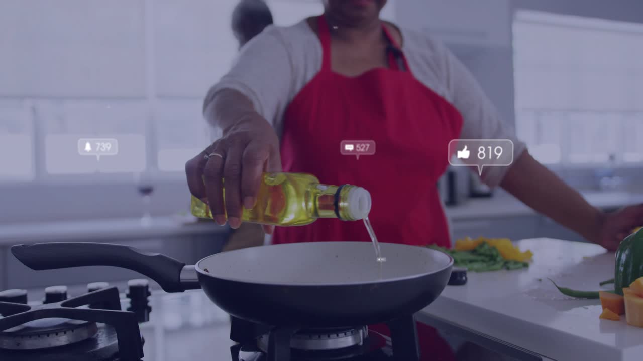 Chef pouring oil over pan in cooking demo as colleague arranging produce, generating feedback icons
