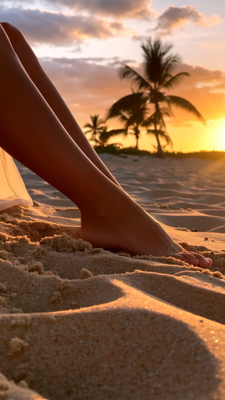 Feet in the sand on a tropical beach at sunset