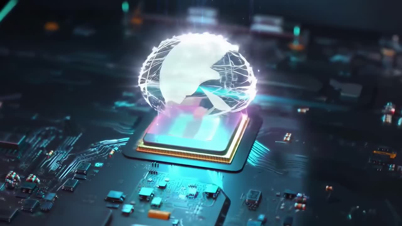 Futuristic microchip close-up, top-down angle, glowing hologram effect, tech video concept