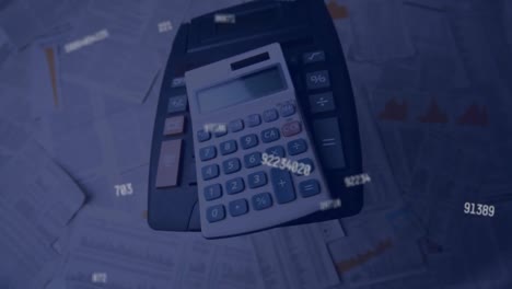 multiple changing numbers floating against calculators falling on finance bills