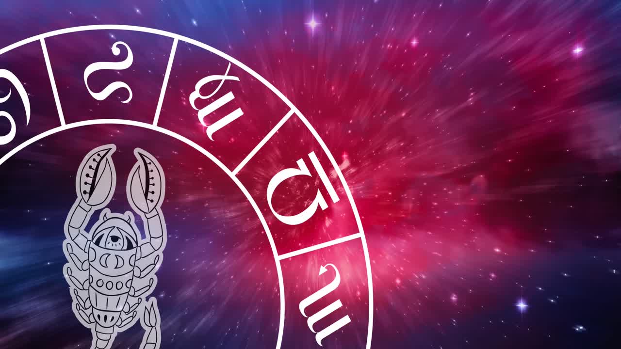 animación del símbolo del signo de la estrella de escorpio en la rueda giratoria del horóscopo sobre las estrellas brillantes