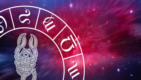 Animation-of-scorpio-star-sign-symbol-in-spinning-horoscope-wheel-over-glowing-stars