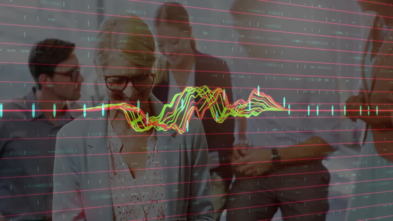 Mature businesswoman tapping tablet as team following moves while waveform animating business data