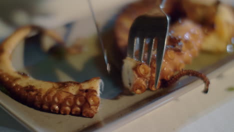 comiendo un plato de marisco con pulpo