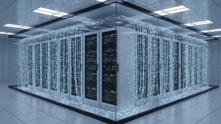 An Advanced Data Center Showcasing High-Tech Servers with Entangled Fiber Optic Cables Transmitting Data in a Sleek, Modern Environment