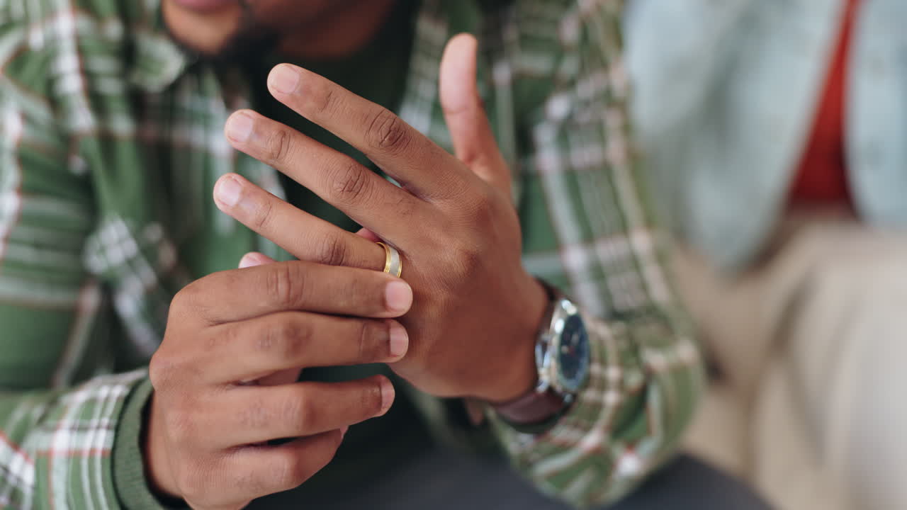 Close up of a man wearing a wedding ring