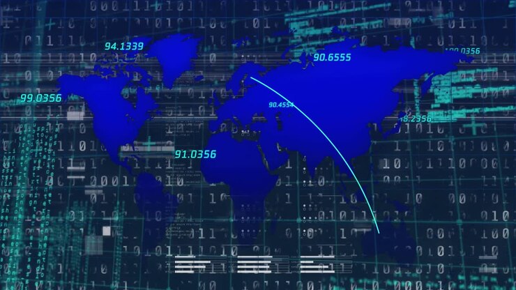 Animation of interference over world map and data processing on black background