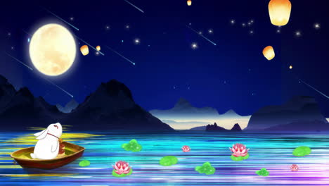 moonlight national trend mid-autumn festival party background of beautiful calm trees, mountains, flowers, lake, water, birds, blue sky, boat, cherry blossoms season