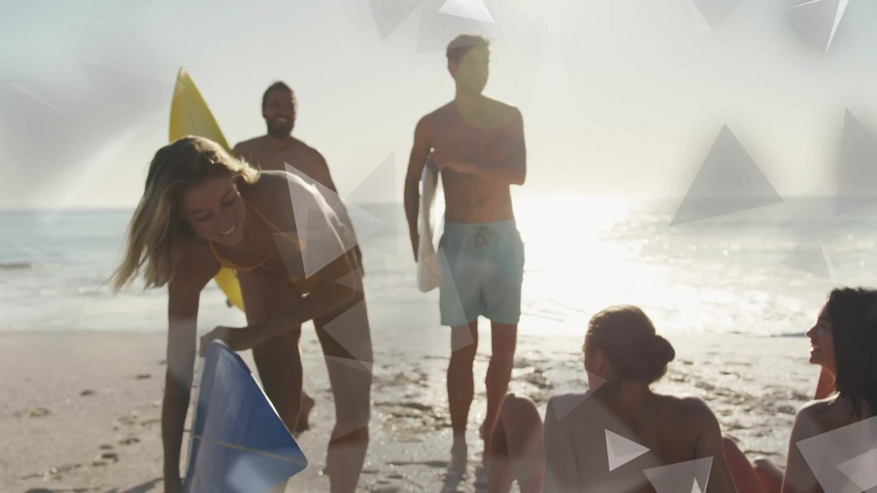 Woman walking from water with blue bodyboard, placing it to join surfers as overlays crossing frame