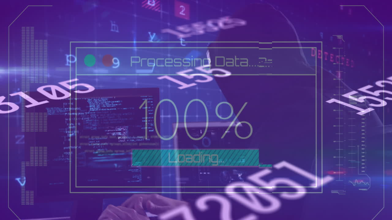 Animation of texts, changing numbers and loading bar over computer language on abstract background