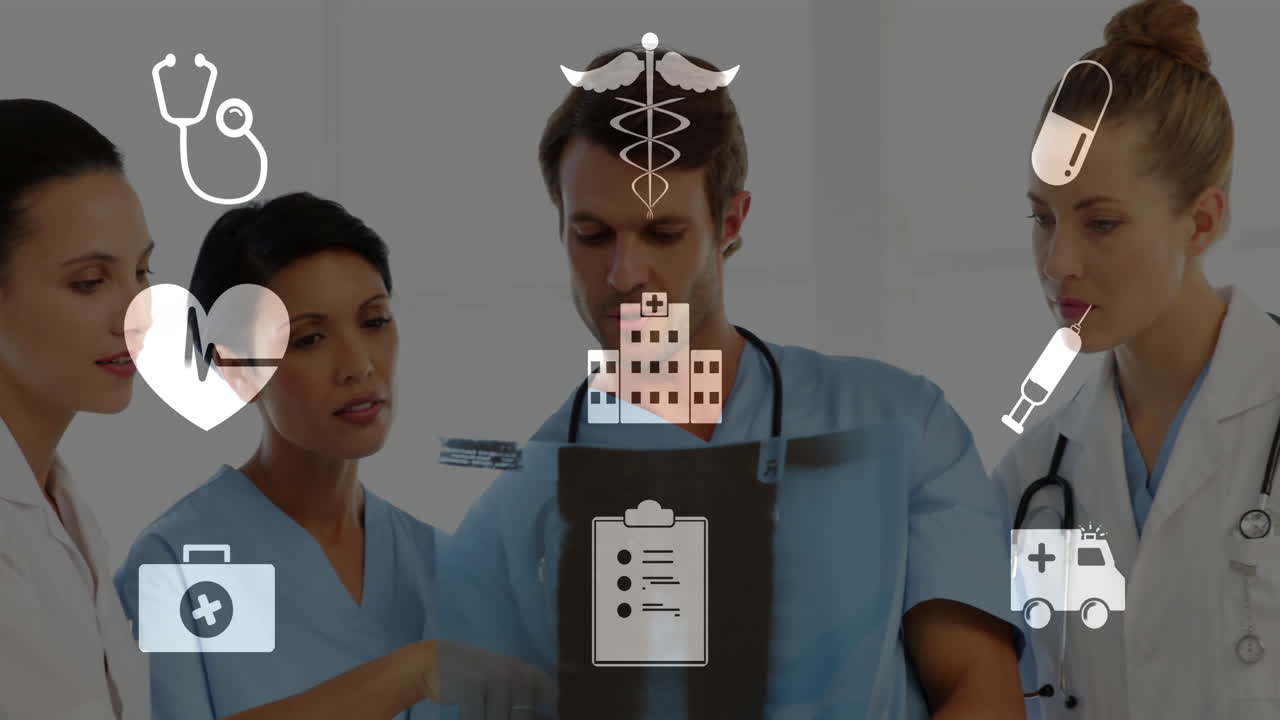Examining X-ray, healthcare professionals with medical icons animation in background