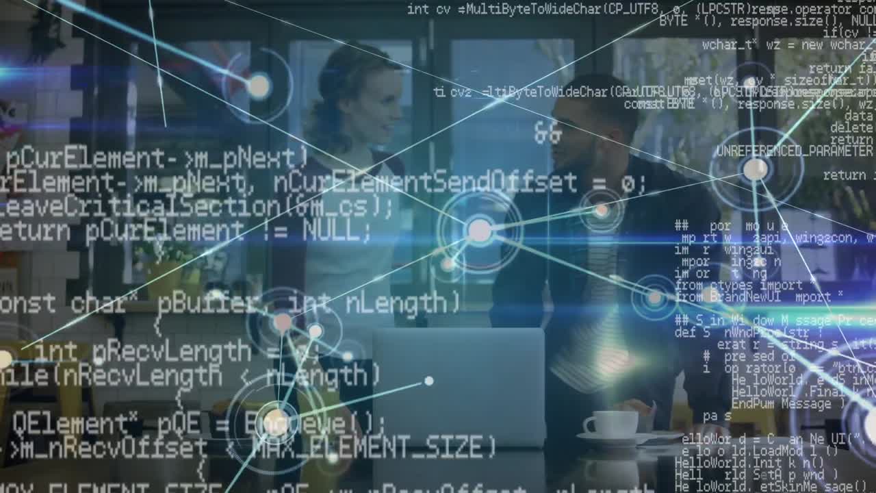 사무실에서 두 명의 사업가에 대한 금융 데이터 처리의 애니메이션