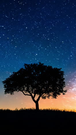 a tree is silhouetted against a dark sky with a few stars. the scene is peaceful and serene, with the tree standing alone in the middle of the field. the darkness of the sky