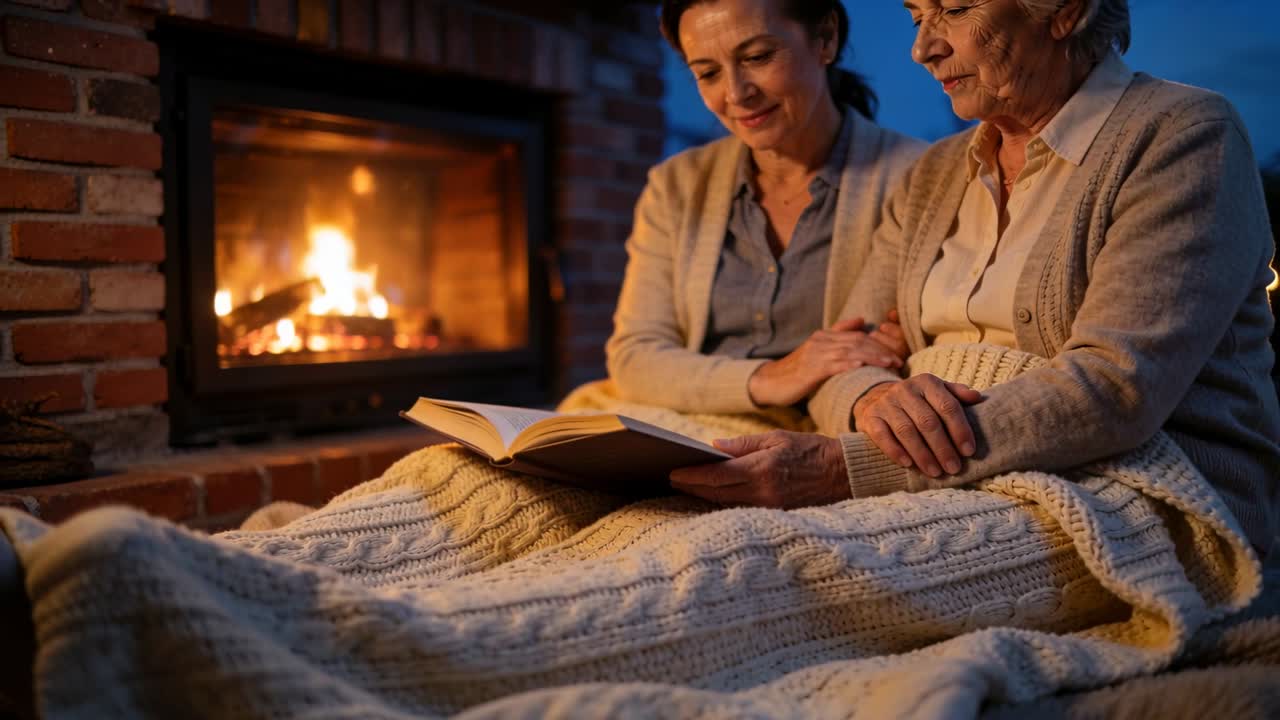 Donna e anziano con cardigan leggono sotto una coperta di lana accanto a un caminetto di mattoni, condividendo un libro aperto.