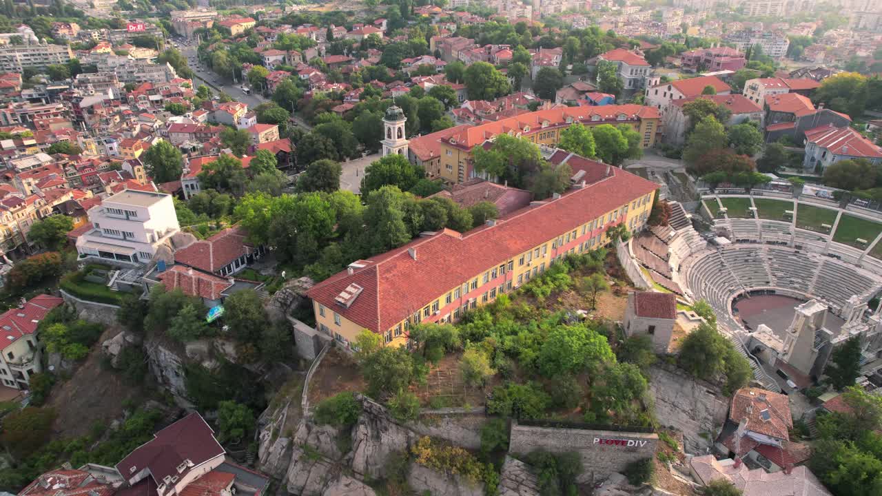 Sunset view of Plovdiv old town, Aerial shot