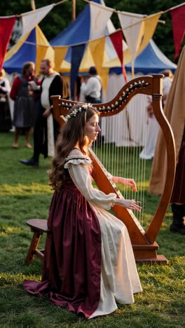 woman in medieval costume playing a harp at an outdoor festival