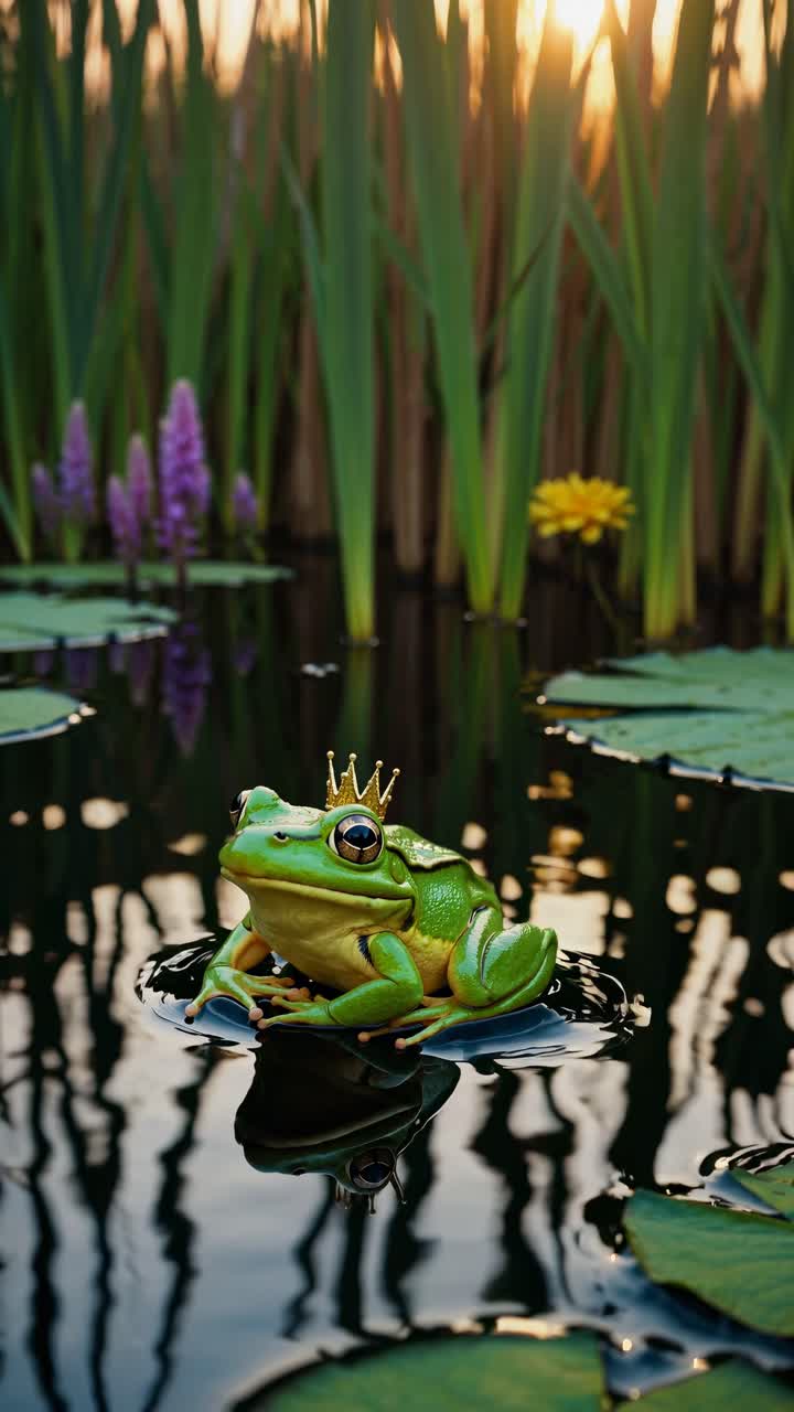 A frog with a crown sits on a lily pad in a pond at sunset. Captured from a low angle, this scene