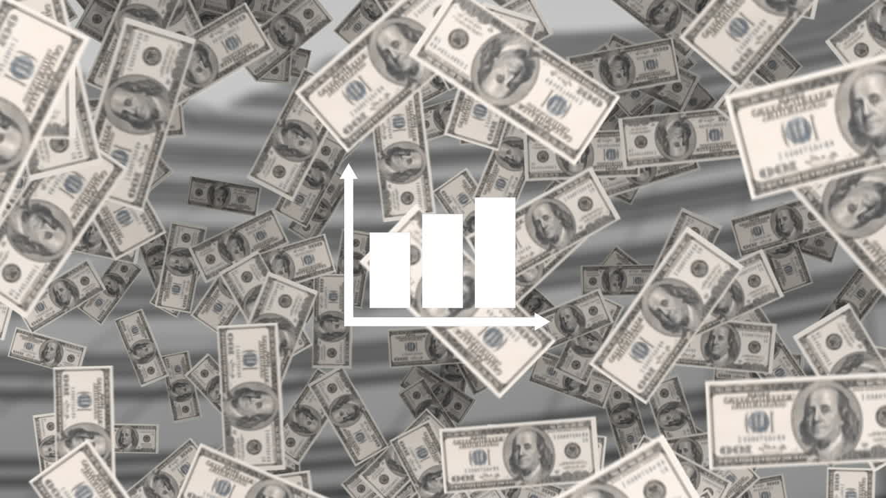 animación de billetes de dólares estadounidenses flotando sobre las estadísticas