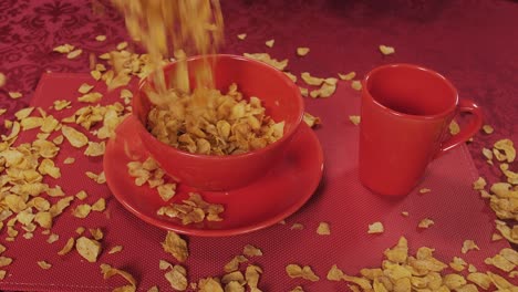 a dramatic cereal pour overflows the bowl, sending crunchy flakes everywhere