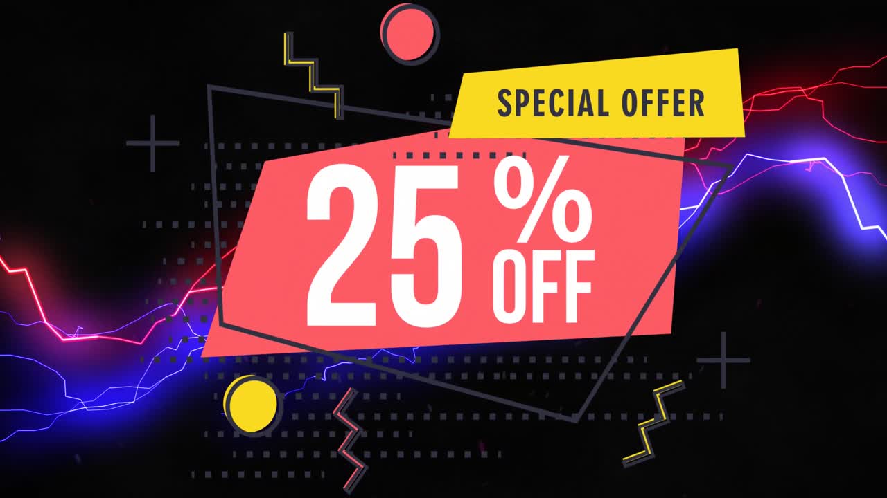 Animazione del testo "offerta speciale 25% di sconto" su sfondo con scie luminose elettriche