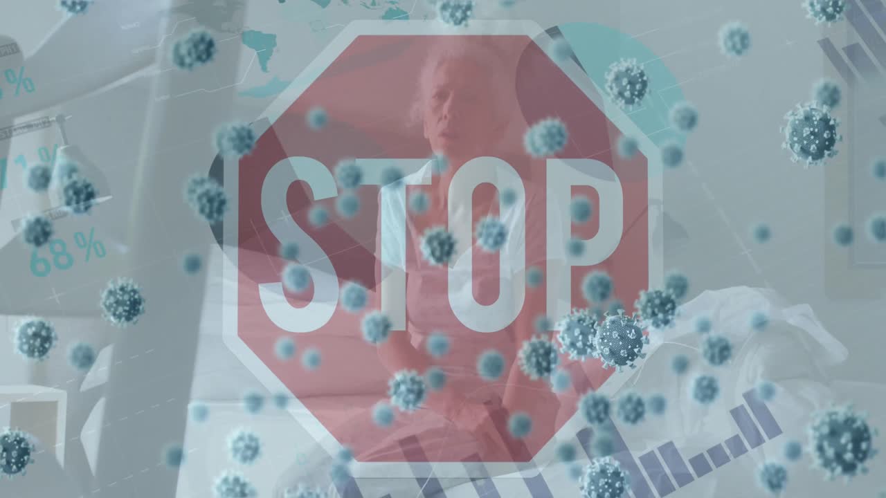 코로나19 세포의 애니메이션과 병에 걸린 백인 여성이 침대에 앉아있는 표지판을 멈추십시오.