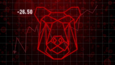 bear head outline and stock market data animation over red grid background