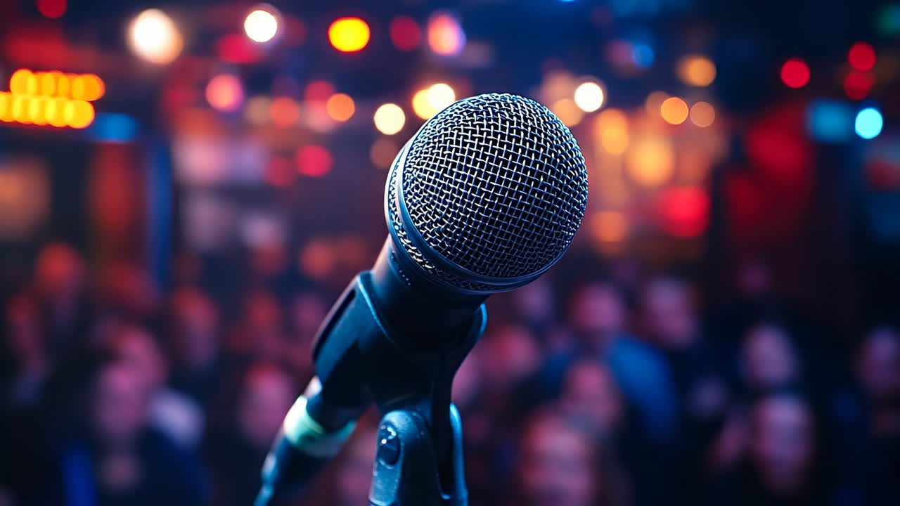 Folla che guarda un microfono a uno spettacolo. Un microfono è in primo piano mentre un pubblico assiste a una performance dal vivo all'interno di un locale di notte.