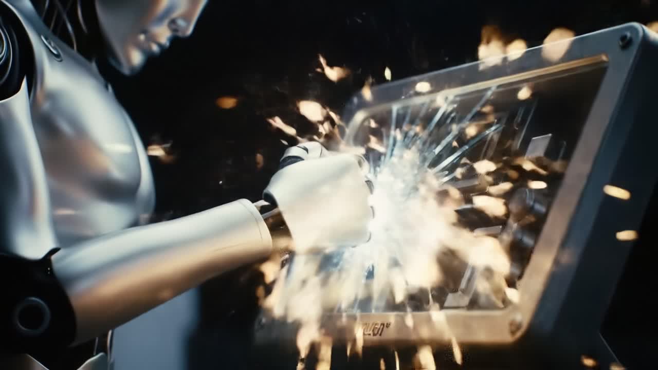 A Tense Encounter: A Futuristic Robot Crushes a Control Panel with Unyielding Force, Signifying a Critical Moment of Conflict and Power in a Dystopian Setting