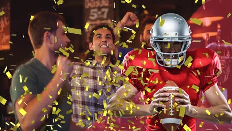 animation of confetti over baseball player and diverse male fans in background