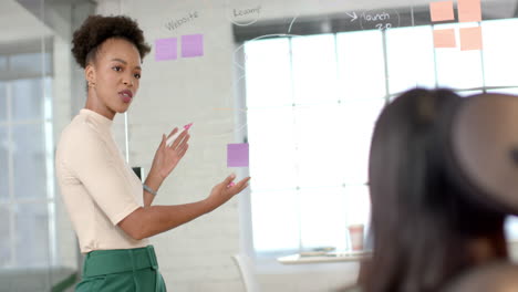 young african american woman presents in a bright business office