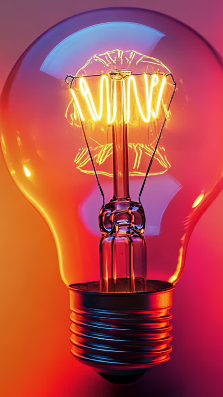 A light bulb is lit up and is glowing orange. The light bulb is the main focus of the image Vertical video