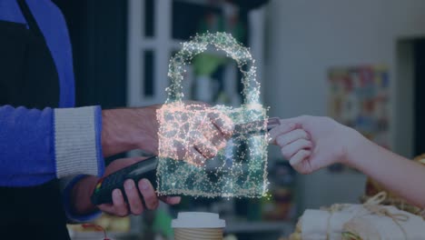 animation of network security padlock over people using payment terminal
