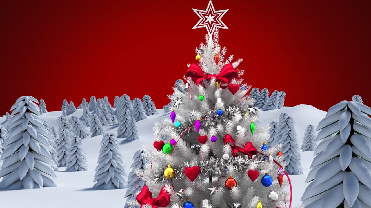 animación de abeto con decoración en paisaje de invierno sobre fondo rojo