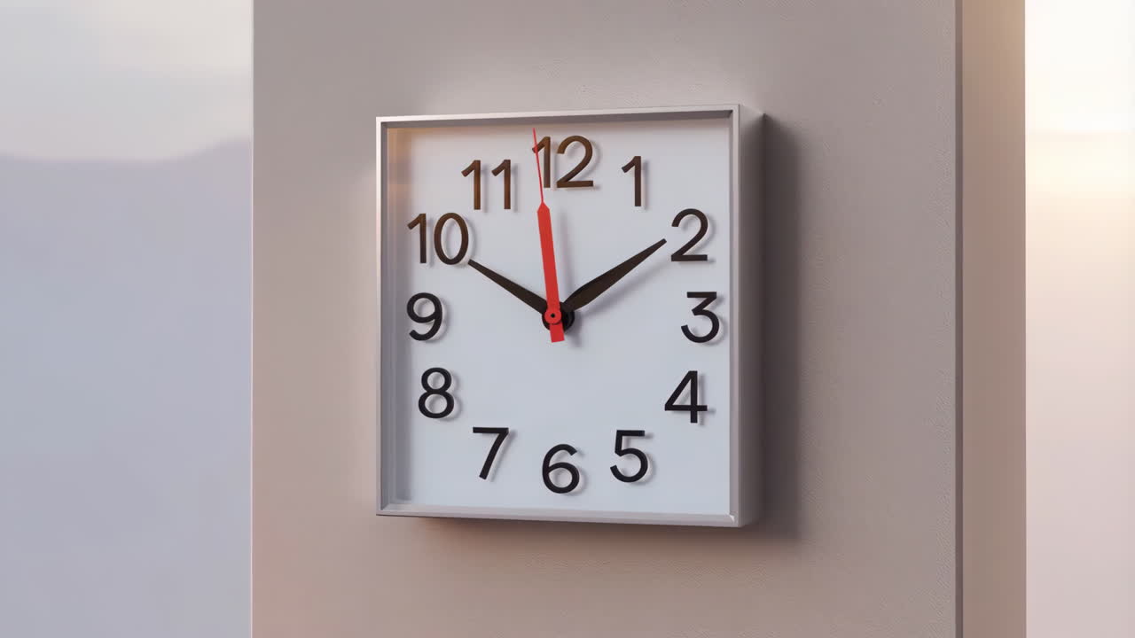 A series of images showing a white-faced, square wall clock on a wall