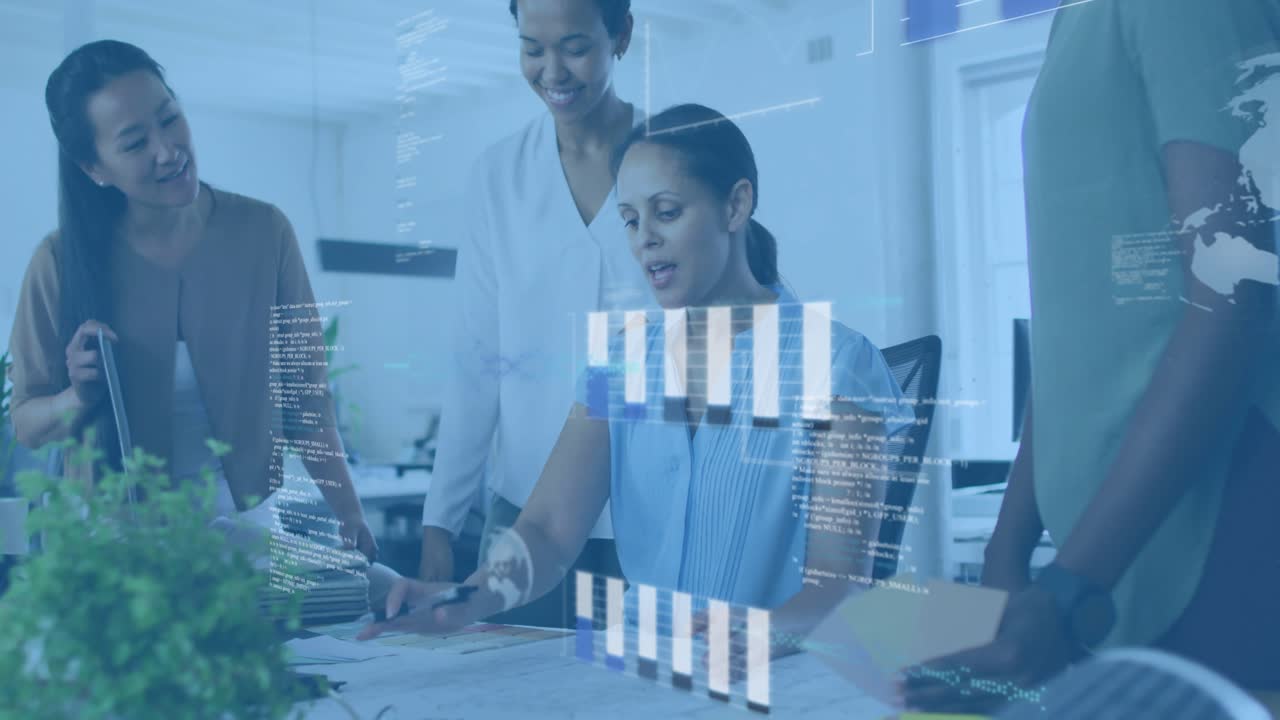 seated woman examining blueprint and generating animated bar charts and code guiding design review