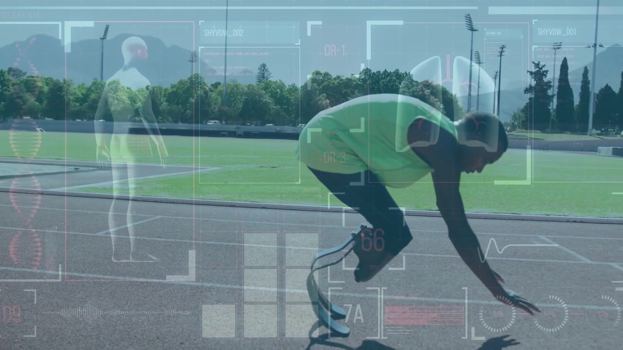 Teen athlete starting jog, bounding on blades, HUD tracking HR and lungs for sports, then crouching