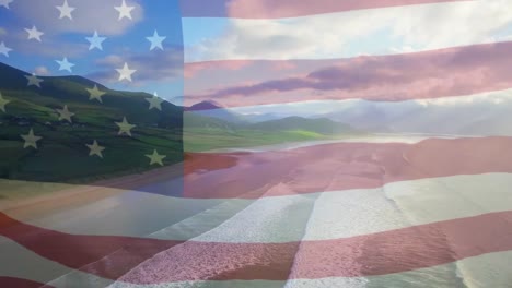 Animation-Der-Flagge-Amerikas,-Die-über-Einem-Sonnigen-Strand-Weht-Und-Wellen-Im-Meer-Brechen