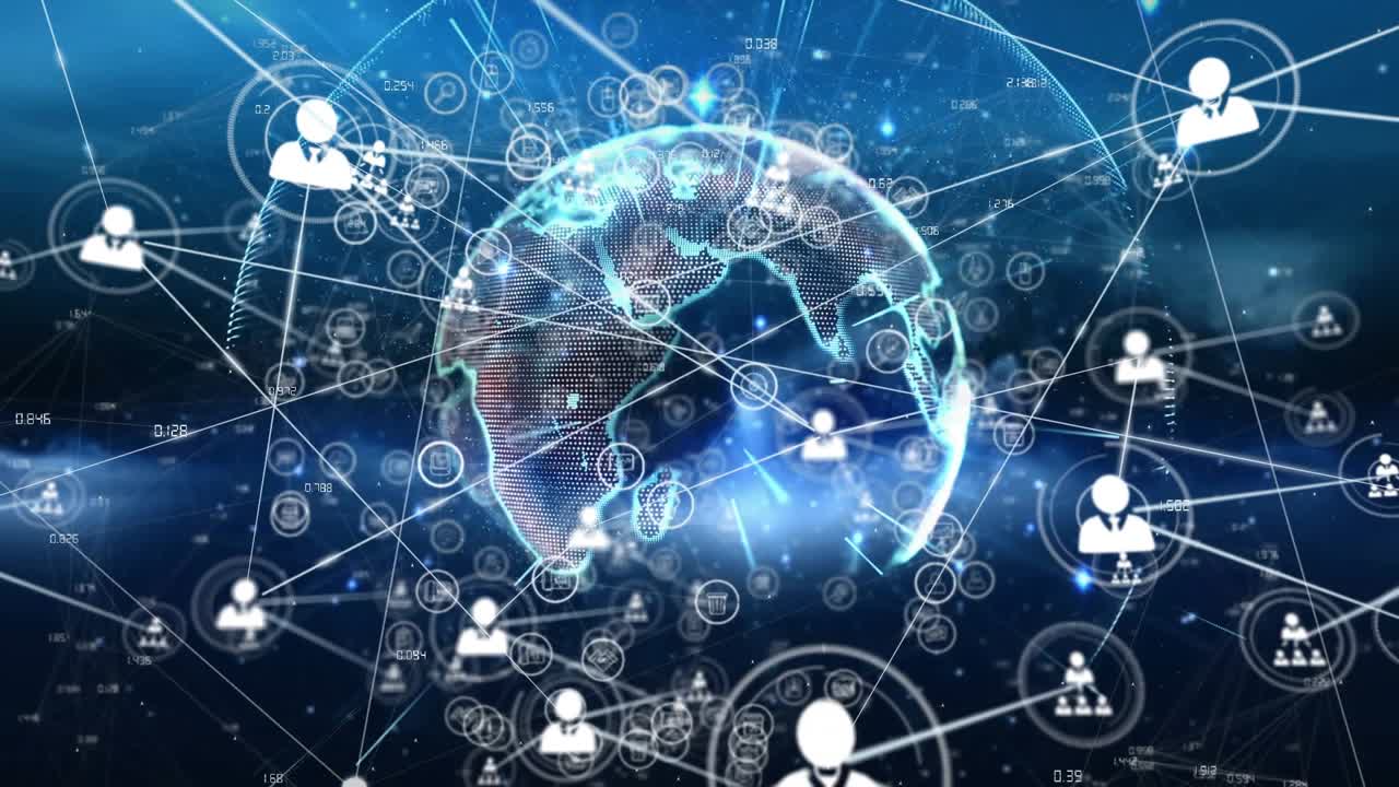 Rotating wireframe globe initiating connections, central icon linking nodes into global network