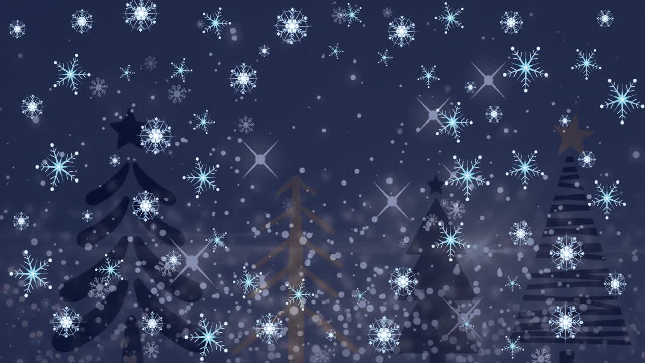 Animation of snow falling over fir trees